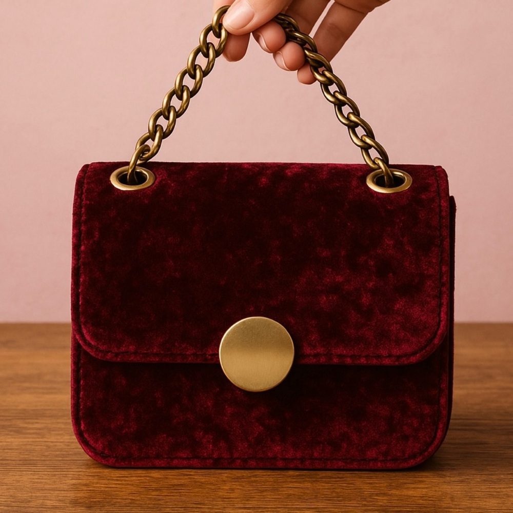 Lux Velvet Chain-Handle Shoulder Bag in Burgundy